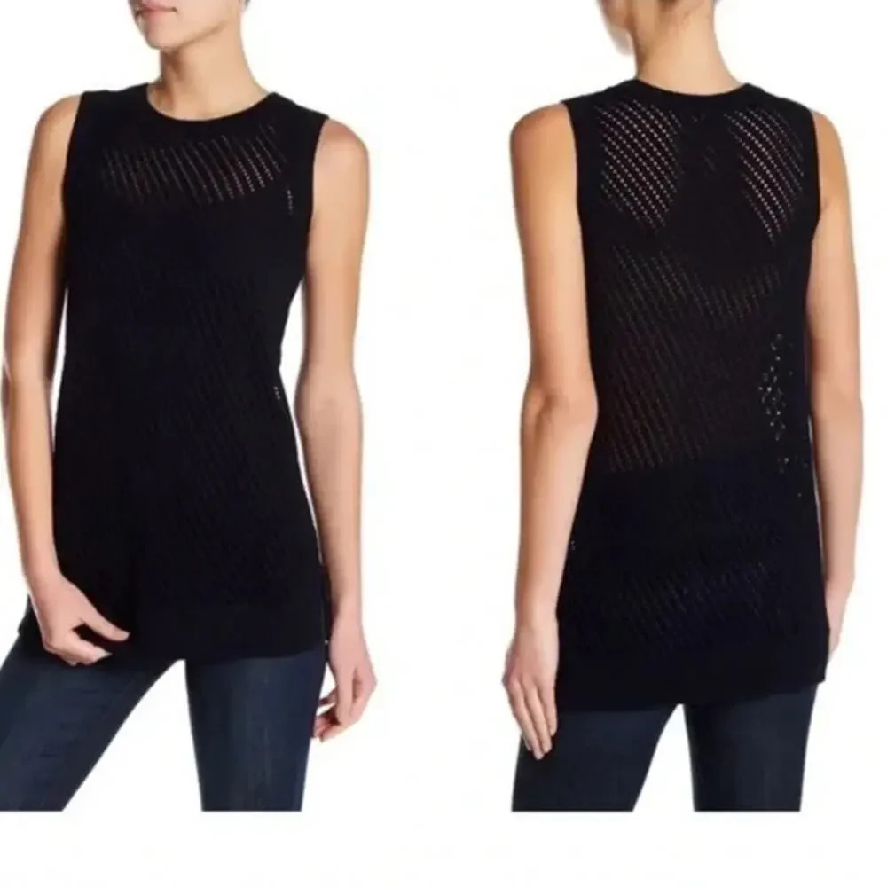 VINCE Sleeveless Mesh Stitched Top In Coastal Blue Navy Size Small Open Knit